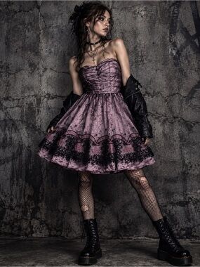 Vintage Jolie Mauve Pink Strapless Dress Black Lace Tulle Gothic Punk Y2K Mini